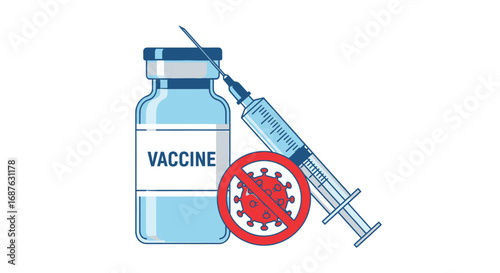 Illustration showing a vaccine vial, a syringe, and a "no entry" sign over a coronavirus symbol.