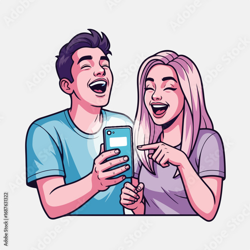 Cheerful couple looking at phone screen with bright smiles and sharing laughter. Happy couple using phone in their leisure time, sharing fun video content with spontaneous joyousness.