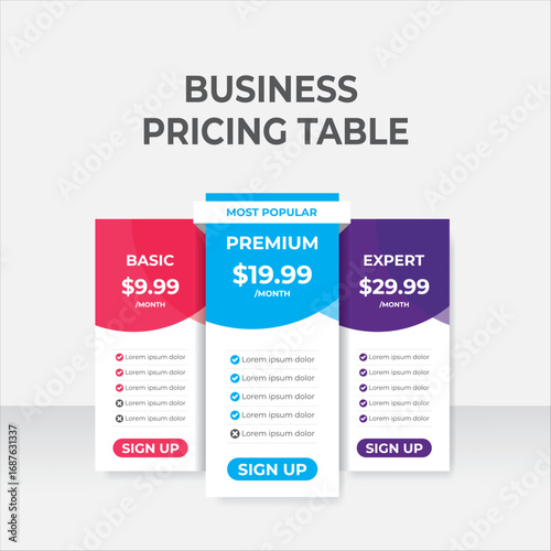 Gradient Pricing Table Infographic, Creative pricing table design for business plans with gradient style