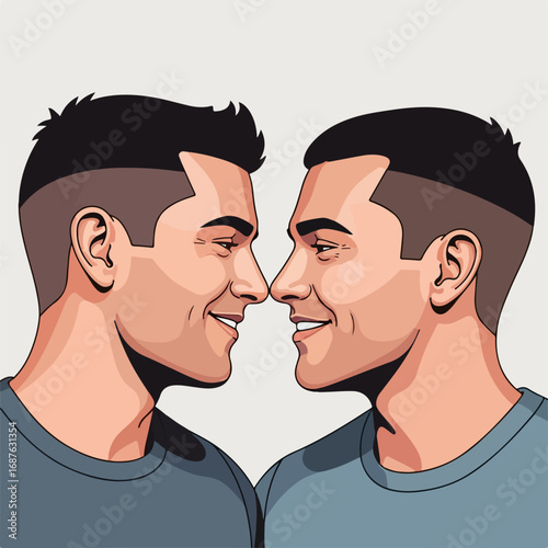 Close up portrait of two young men face to face expressing intimacy and affection. Portrait shows two men looking at each other and smiling, conveying love and connection.
