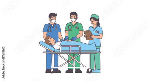Three medical professionals attend to a patient lying on a hospital gurney, with one holding a clipboard.