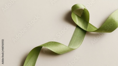 Delicate green ribbon elegantly twisted on soft beige surface, c