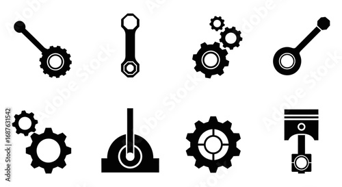 Mechanical engineering components, gears, pistons, and connecting rods, vector illustration, a collection of industrial parts, machine elements, and mechanisms for design.