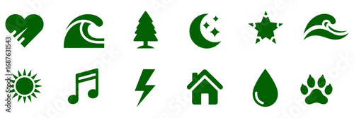 Green Nature Icons Wave, Heart, Tree, Sun, Music, Star, Home, Water, Paw, Lightning Vector Illustrations 