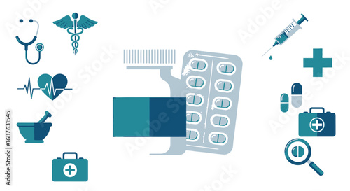 Medical illustration featuring a stethoscope, caduceus, heartbeat, mortar and pestle, first aid kit, pill bottle, blister pack, syringe, plus sign, capsules, and magnifying glass.