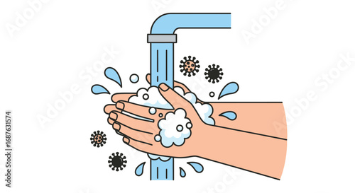 Illustration of hands being washed with soap and water under a faucet to remove germs and maintain hygiene.