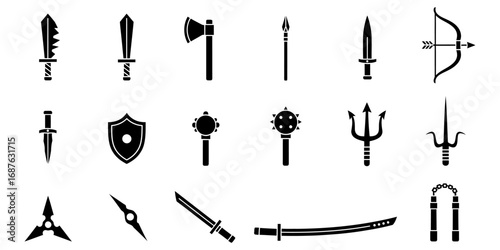 Vector Illustration of Diverse Weaponry, Knives, Swords, Axes, Archery, Shields, and Weaponry, .ai Files