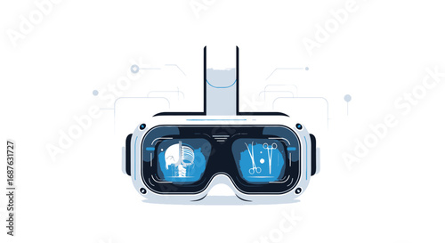 White virtual reality headset displaying digital interfaces, suggesting immersive technology and futuristic experiences.