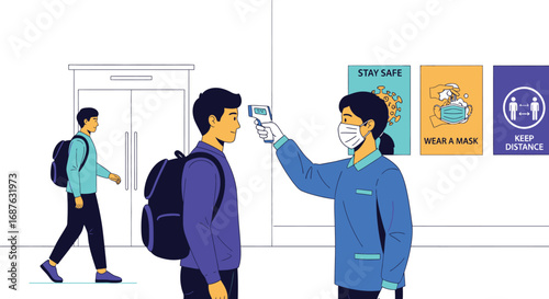 A person in uniform takes the temperature of a student with a non-contact thermometer, with another student walking in the background, near posters about safety.