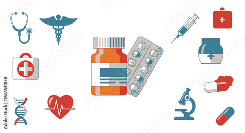 Medical icons including a stethoscope, caduceus, first aid kit, pills, syringe, microscope, DNA, and heart arranged on a white background.