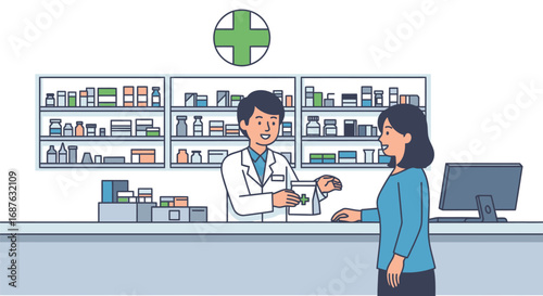 Pharmacist handing prescription medication to a female customer at a pharmacy counter.