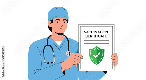 Smiling doctor in scrubs and cap holds up a vaccination certificate with a green shield and checkmark against a white background.