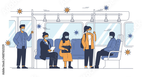 People wearing face masks ride a train, protecting themselves from airborne viruses during a pandemic.