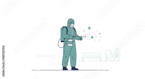 Person in protective suit spraying disinfectant outdoors to sanitize against germs and viruses.
