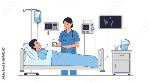 An illustration shows a nurse attending to a male patient lying in a hospital bed, surrounded by medical equipment.