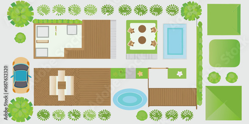 Top Down View Of A House Exterior With Car, Pool, And Garden Elements aerial view