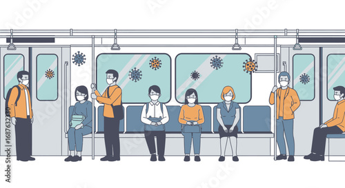 People wearing face masks ride a subway train with floating virus particles, illustrating public health concerns during a pandemic.