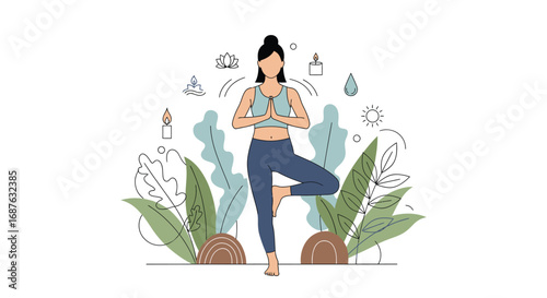 Woman in yoga pose, tree pose, with hands in prayer position, surrounded by leaves, candles, and other wellness elements.