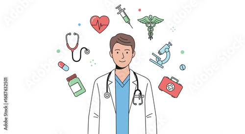 Illustration of a smiling male doctor wearing a white coat with medical symbols and equipment floating around him.