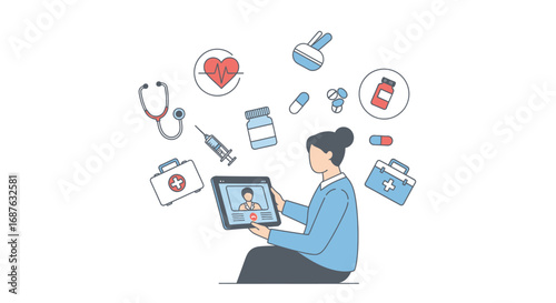 Woman using a tablet for a telehealth consultation, surrounded by medical icons representing healthcare services and equipment.