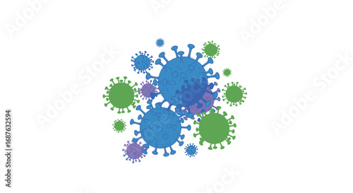 An illustration of various colorful virus cells with spiky projections, clustered together on a white background.