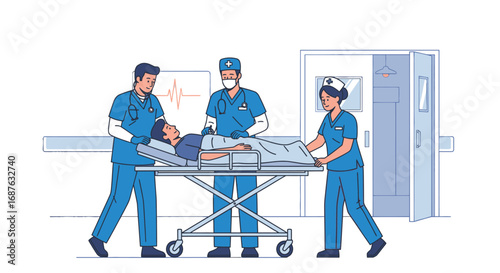 Medical personnel rush a patient on a gurney through a hospital hallway, with a visible heart rate monitor display.