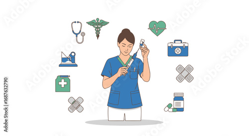 Illustration of a female nurse preparing an injection, surrounded by medical symbols like a stethoscope, first aid kit, and medicine.