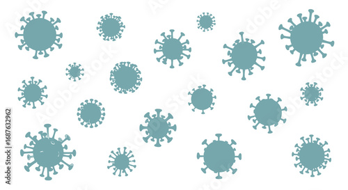 Illustration of multiple teal-colored coronavirus particles floating on a white background, varying in size and distribution.