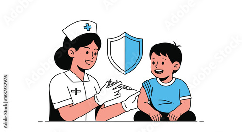 A nurse wearing gloves and a cap administers a vaccine to a smiling young boy, with a shield symbol representing protection in the background.