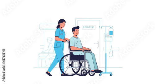 A nurse pushes a patient in a wheelchair down a hospital hallway, with an IV drip attached to the chair.