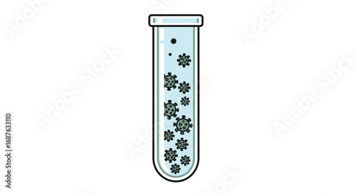 Illustration of a test tube filled with a blue liquid containing virus-like particles.