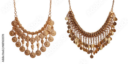 Two ornate gold necklaces with coinlike pendants, isolated on transparent background