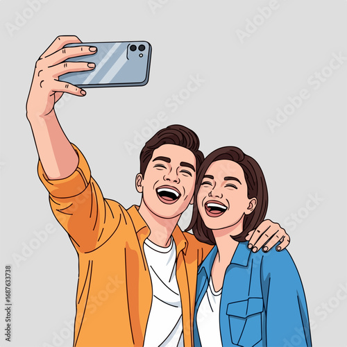 Capturing happy couple selfie with mobile device, enjoying their time together. Happy couple takes a selfie with phone, celebrating a milestone, with vibrant, cheerful expressions.