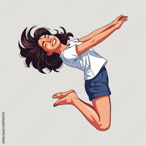 Happy girl jumping high in air. Joyful young woman with dark hair celebrates success. Energetic girl showing happiness and freedom.