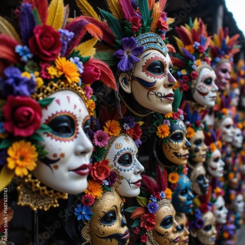 Vivid festival masks from events like carnival or Día de Muertos