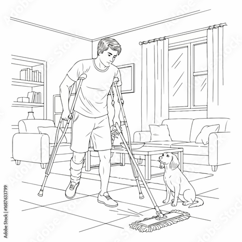 Man with a broken leg using crutches and cleaning floor. Cleaning floor after injury at home depicts diligence. A patient cleaning floor despite having a disability shows strong character.