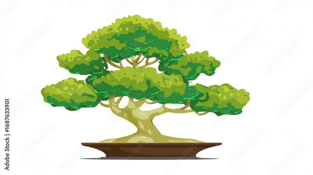 Obraz premium Bonsai tree in a brown pot with lush green leaves.