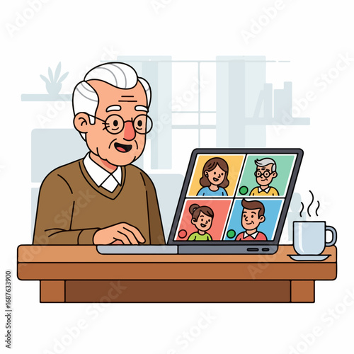 Online meeting with elderly man at desk using laptop, connecting remotely with family on video call. Online meeting setup facilitates distant connection.