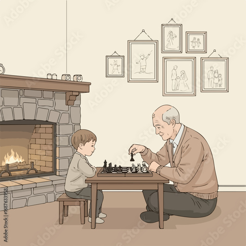 Grandfather playing chess with his grandson near fireplace in cozy living room, they enjoy game, a nostalgic game, celebrating family values.