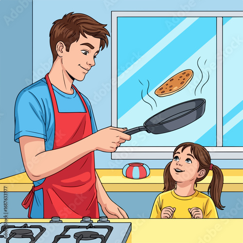 Flipping pancake with dad in kitchen, showing care. Father flipping pancake for his daughter in warm kitchen scene. Cooking pancake activity with father creates loving, homey atmosphere,