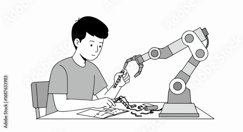 Young boy assembling robot arm at desk, following instructions for hobby. Robot arm construction is his passion, showing his commitment to this engaging project.