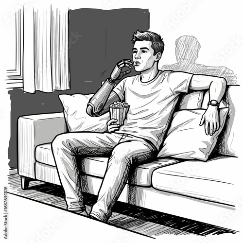 Man watching TV with a prosthetic arm on sofa indoors, while enjoying popcorn and looking at the screen. Man watching TV at home relaxing with snacks and TV show,