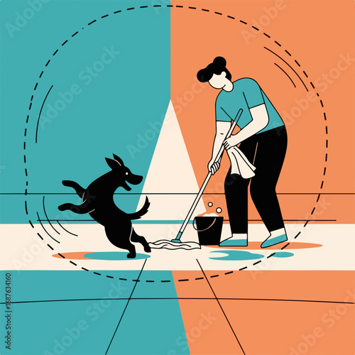 Home chores include cleaning floor with woman and dog. Cleaning floor can be fun. A cleaning floor routine may be interrupted by active dog. Concept home chores are necessary.