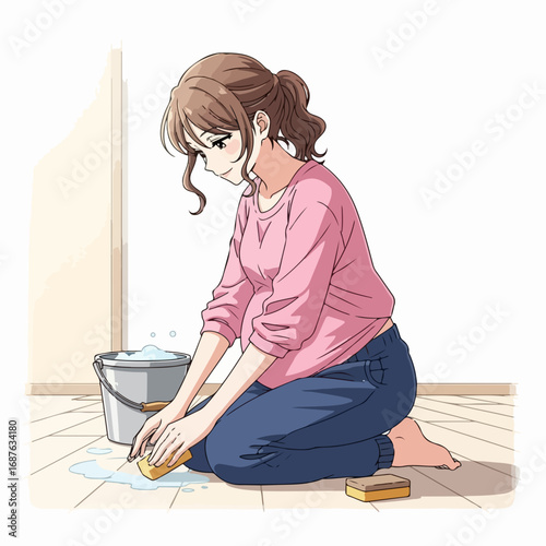 Pregnant woman cleaning floor meticulously with sponge in her hands. Pregnant woman cleaning helps maintain healthy home during pregnancy with gentle cleaning of surface in safe manner.