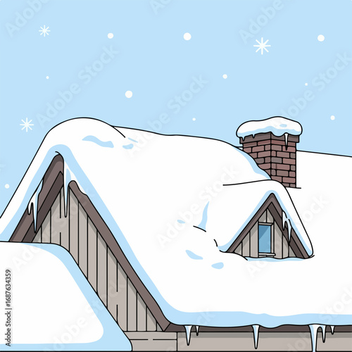 Snowy rooftop showcasing roof covered in snow, featuring brick chimney and small attic window under thick layer of snow. Snowy rooftop displays winter scene,