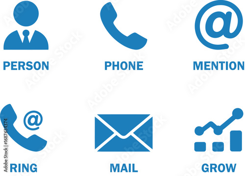 Collection of six blue flat icons representing communication and growth on a white background