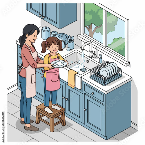 Washing dishes together shows mother and daughter at kitchen sink. Family washing dishes routine includes plates and cutlery after lunch.