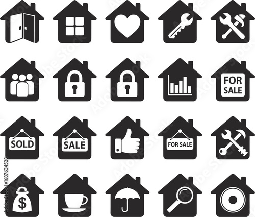 Collection of black house icons representing various real estate concepts and services