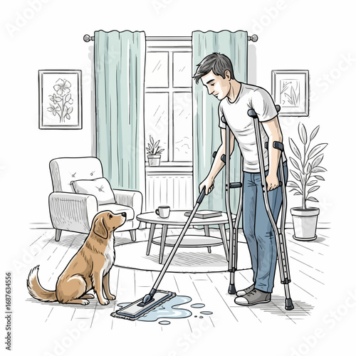Young man mopping floor in living room with crutches, mopping floor in natural light. Man at home cleaning up a spill with his crutches in domestic environment, mopping floor with adorable dog nearby.