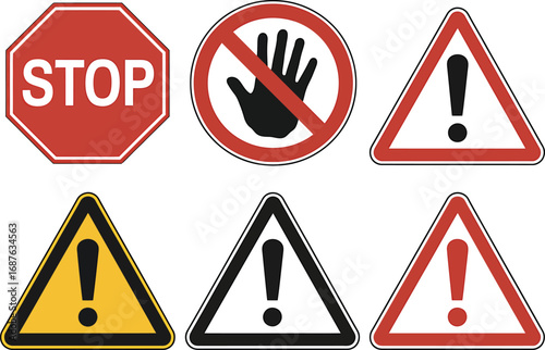 Collection of six warning and danger signs including stop hand and exclamation mark symbols